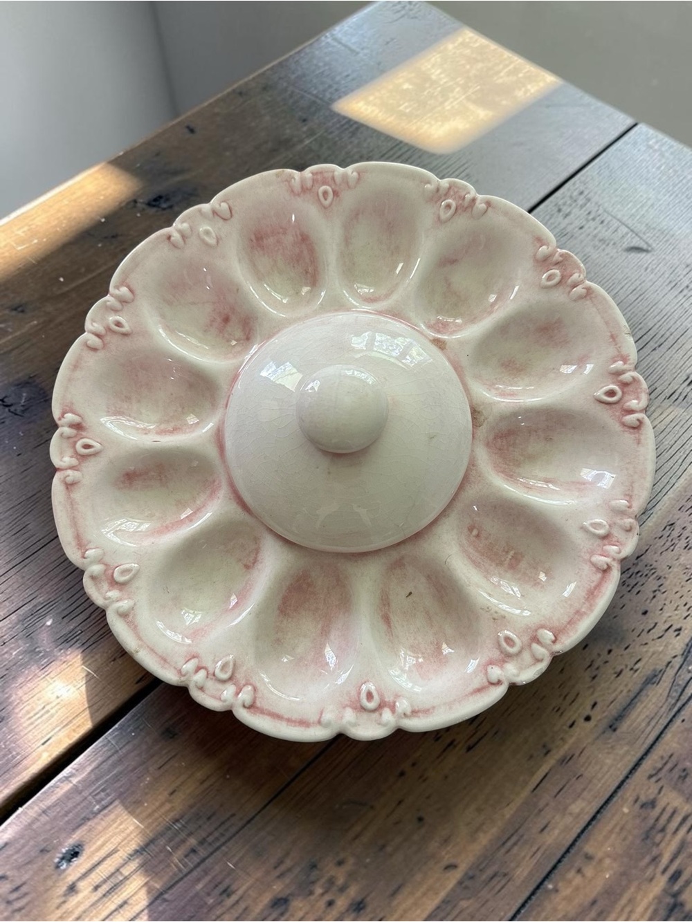 Vintage Ceramic Farmhouse Raised Deviled Egg Dish with Relish Lid Cream and Pink